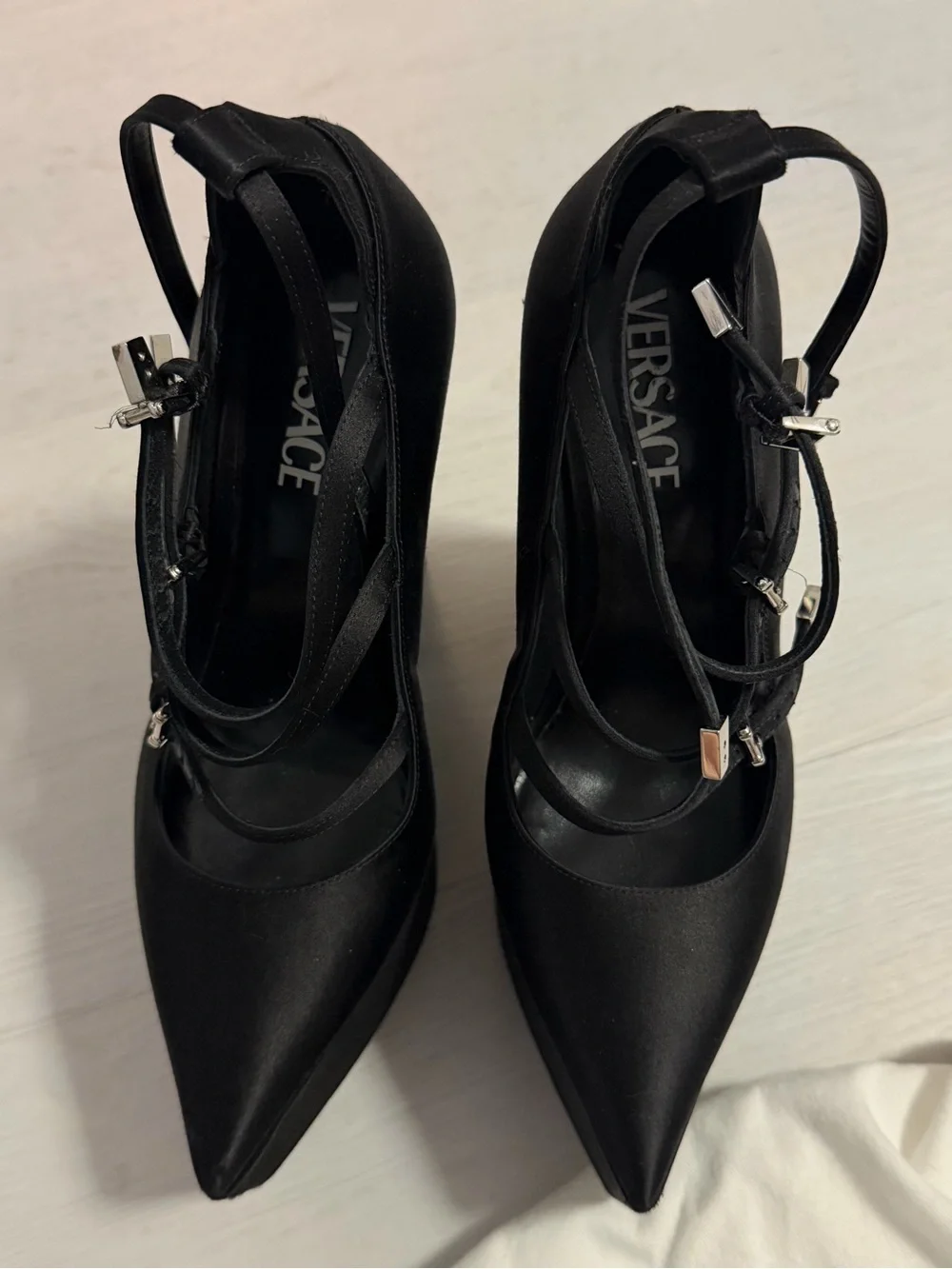 Versace Black Satin Platform Wedge Heels with Ankle Straps